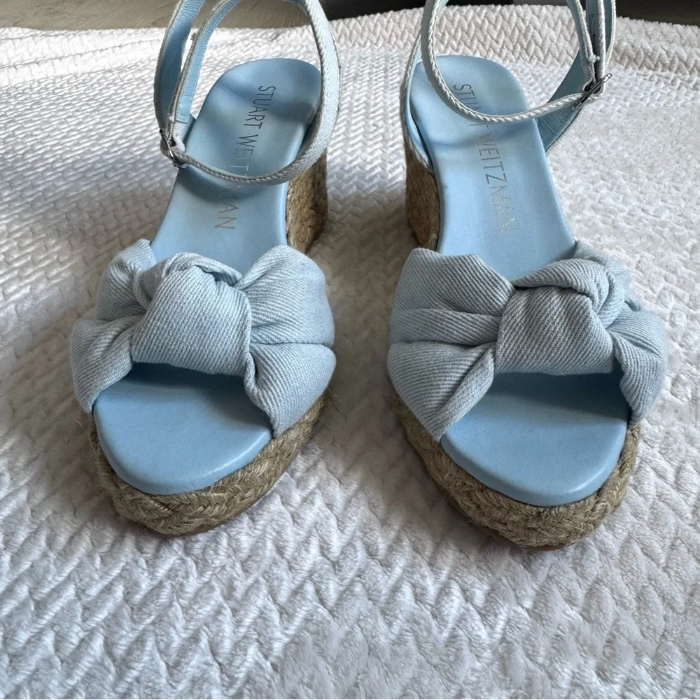 Stuart Weitzman Playa Espadrille Knot Wedge Sandals 9 B Blue Denim Ankle Strap